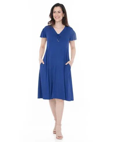 White Mark Women's V-neck Tie Front Flutter-sleeve Shift Dress In Blue