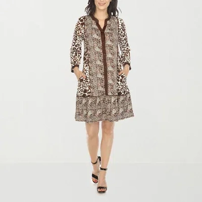 White Mark Womens 3/4 Sleeve Animal Shift Dress In Brown