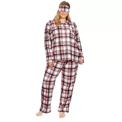 White Mark Womens Flannel V-neck Long Sleeve 3-pc. Plus Pajama Set In Pink