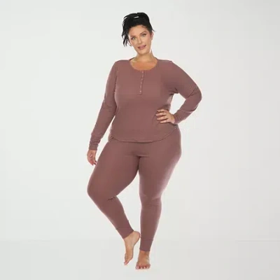 White Mark Womens Long Sleeve 2-pc. Plus Pajama Set In Brown