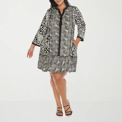 White Mark Womens Plus 3/4 Sleeve Animal Shift Dress In Black