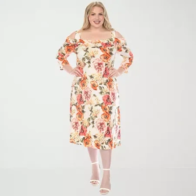 White Mark Womens Plus 3/4 Sleeve Midi Floral A-line Dress In Orange