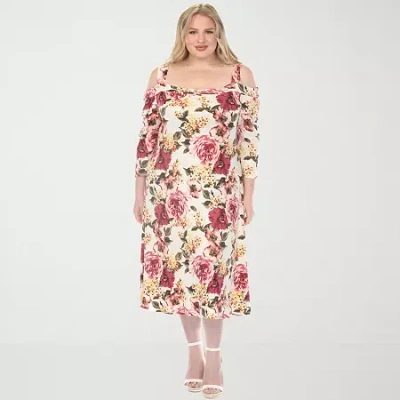 White Mark Womens Plus 3/4 Sleeve Midi Floral A-line Dress In White