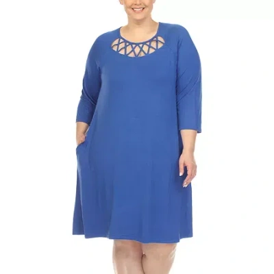 White Mark Womens Plus 3/4 Sleeve Swing Dresses In Blue