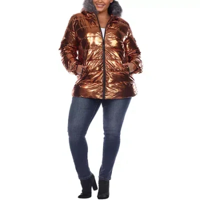 White Mark Womens Plus Hooded Midweight Puffer Jacket In Brown