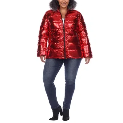 White Mark Womens Plus Hooded Midweight Puffer Jacket In Red