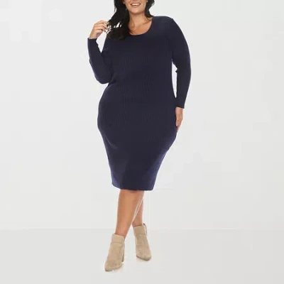 White Mark Womens Plus Long Sleeve Midi Sweater Dress In Blue