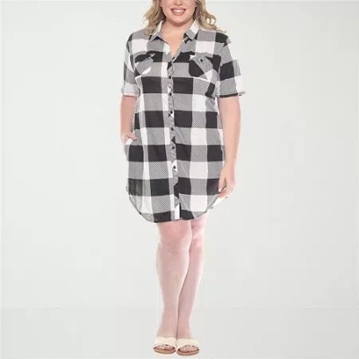 White Mark Womens Plus Short Sleeve Plaid Shirt Dress In Black