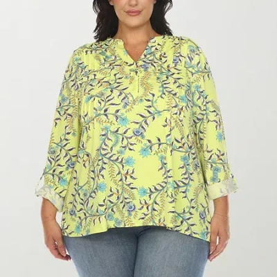 White Mark Womens Plus V Neck Long Sleeve Blouse In Yellow