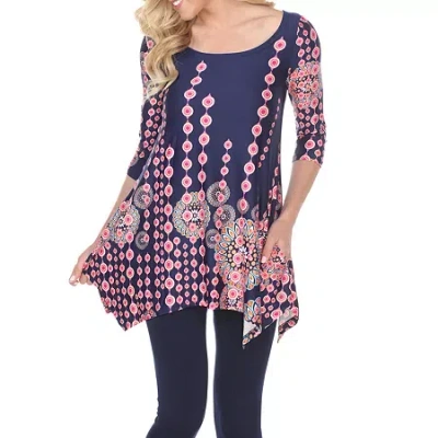 White Mark Womens Round Neck 3/4 Sleeve Tunic Top In Blue