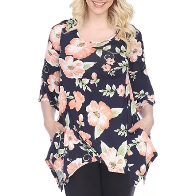 White Mark Womens Round Neck 3/4 Sleeve Tunic Top In Blue