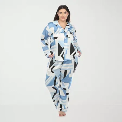 White Mark Womens Satin Long Sleeve 2-pc. Plus Pajama Set In Blue