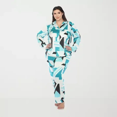 White Mark Womens Satin Long Sleeve 2-pc. Plus Pajama Set In Blue