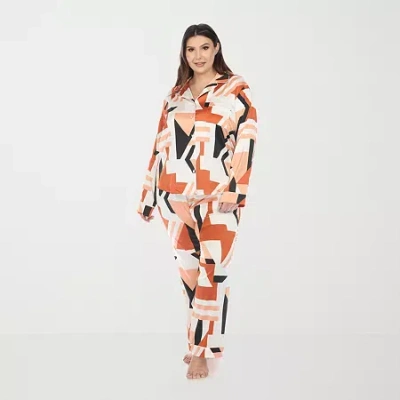 White Mark Womens Satin Long Sleeve 2-pc. Plus Pajama Set In Multi