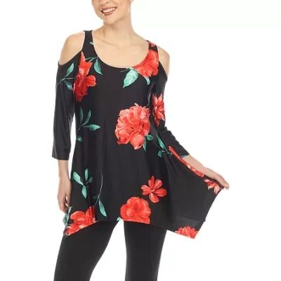 White Mark Women's Floral Printed Cold Shoulder Tunic Top In Black