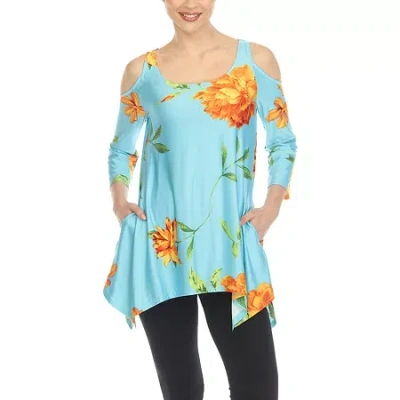 White Mark Women's Floral Printed Cold Shoulder Tunic Top In Blue
