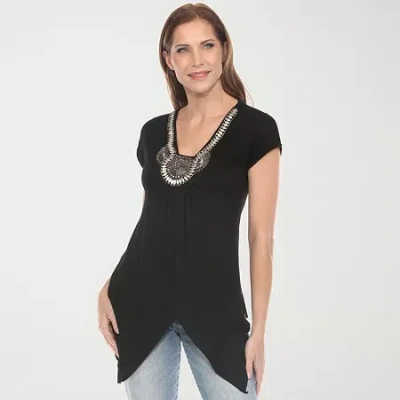White Mark Womens V Neck Short Sleeve Embellished Tunic Top In Black