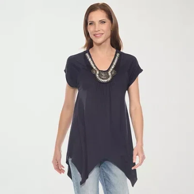 White Mark Womens V Neck Short Sleeve Embellished Tunic Top In Blue