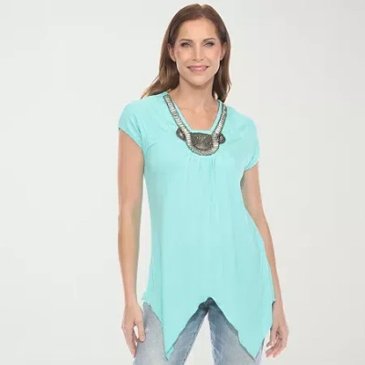 White Mark Womens V Neck Short Sleeve Embellished Tunic Top In Blue