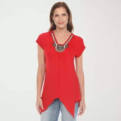 White Mark Womens V Neck Short Sleeve Embellished Tunic Top In Red