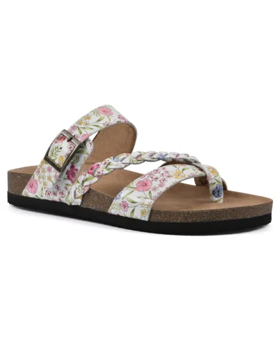 White Mountain Women's Hazy Round Toe Flat Sandals In White Multi Floral Leather
