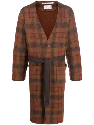 White Mountaineering Checked Tie-waist Cardigan In Brown