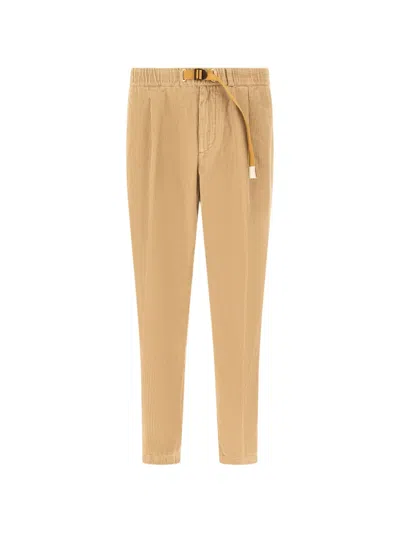 White Sand Belted Corduroy Tapered Trousers In Nude