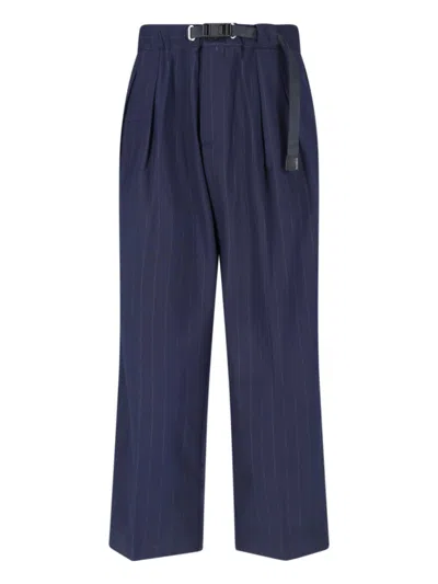 White Sand Belted Pinstripe Trousers In Blue