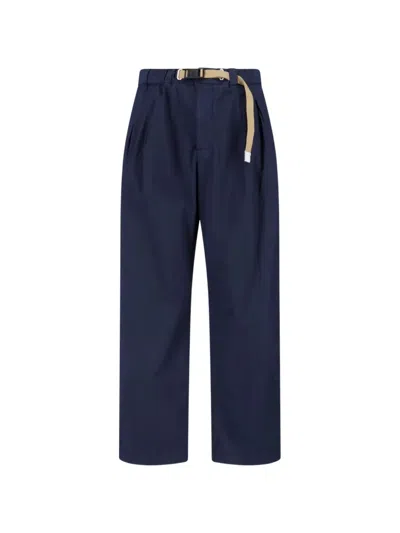 White Sand Belted Pleated Trousers In Blue