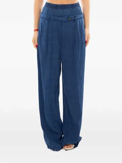 White Sand Double-waisted Pleated Trousers In Blue