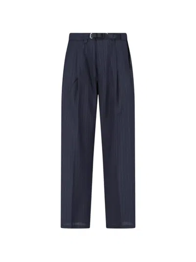 White Sand Pinstripe Belted Trousers In Blue
