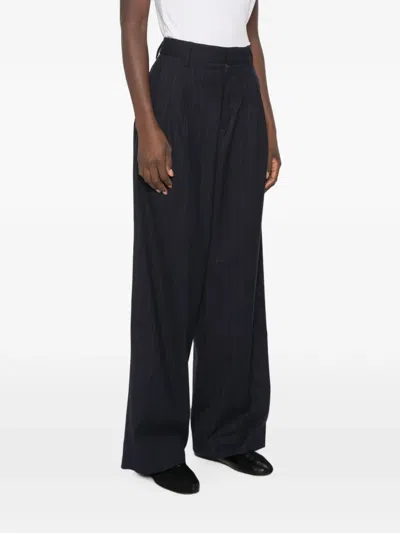 White Sand Pinstripe-pattern Pleated Trousers In Blue