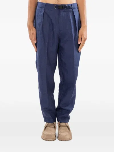 White Sand Pleated Linen Trousers In Blue