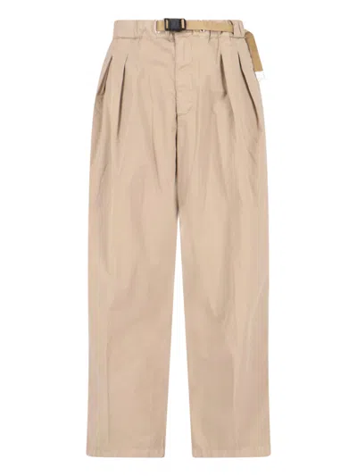 White Sand Straight-leg Pants With Elastic Waistband And Adjustable Belt In Neutral