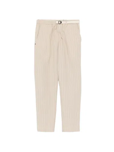 White Sand Striped Belt Trousers In Neutral