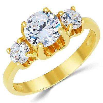 Pre-owned White Star Jewels 14k Solid Yellow Gold Cz Cubic Zirconia Three Stone Engagement Ring In White/colorless