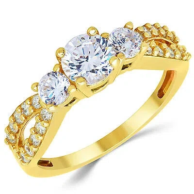 Pre-owned White Star Jewels 14k Solid Yellow Gold Cz Cubic Zirconia Three Stone Engagement Ring In White/colorless