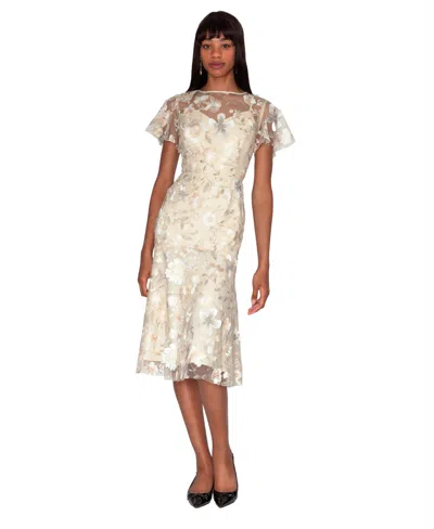 White Tie By Shani Women's Embroidered Boat Neck Polyester Midi Dress In Gold
