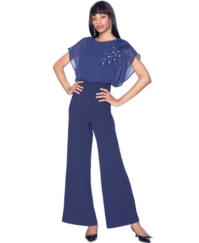 White Tie By Shani Women's Floral Applique Jumpsuit In Blue