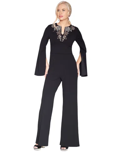 White Tie By Shani Women's V-neck Flare-sleeve Jumpsuit In Black