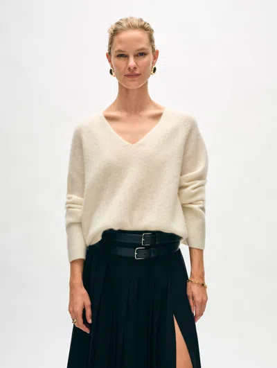 White + Warren Brushed Cashmere Easy V Neck Sweater In Ivory