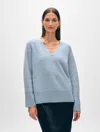 White + Warren Brushed Cashmere Easy V Neck Sweater In Misty Blue In Misty Blue