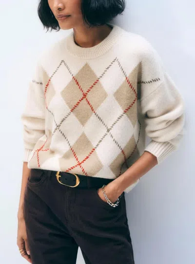 White + Warren Cashmere Argyle Crew Sweater In Natural Combo In Beige