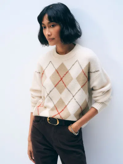 White + Warren Cashmere Argyle Crewneck Natural Combo Top In Neutral