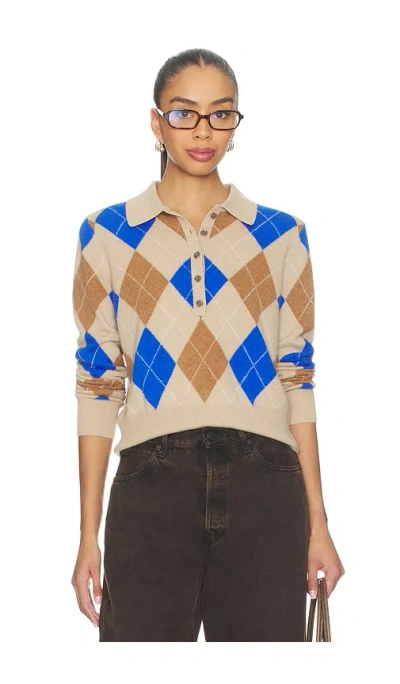 White + Warren Cashmere Argyle Long Sleeve Polo In Camel Blue Combo