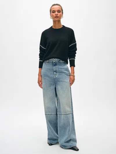 White + Warren Cashmere Blanket Stitch Crewneck Top In Black/white