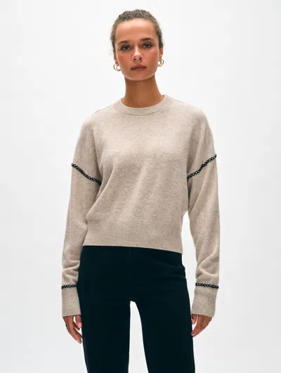 White + Warren Cashmere Blanket Stitch Crewneck Top In Sandwisp/black