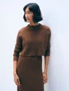 White + Warren Cashmere Blend Cropped Ribbed Crewneck Umber Top In Brown