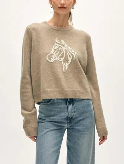 White + Warren Cashmere Blend Horse Embroidered Crewneck Sweater In Misty Brown Ivory