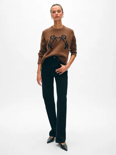 White + Warren Cashmere Blend Horse Embroidered Crewneck Top In Umber/black